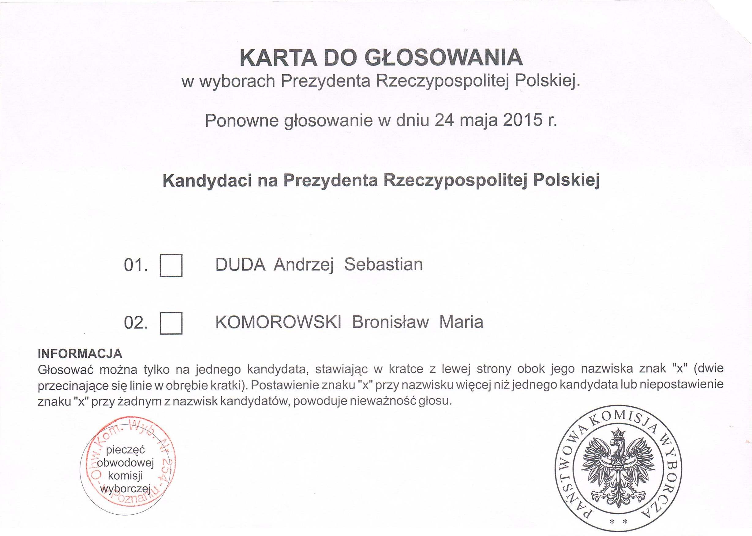 Zdjęcie 15. „Karta do głosowania w wyborach Prezydenta Rzeczypospolitej Polskiej”