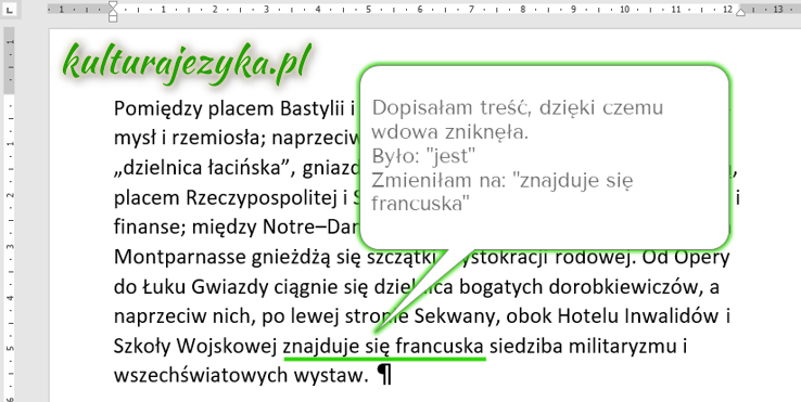 Na obrazku pokazane jest, jak zlikwidować wdowę w rozumieniu polskiej terminologii typograficznej: dopisujemy treść do akapitu, dzięki czemu jego ostatnia linijka się wydłuża.